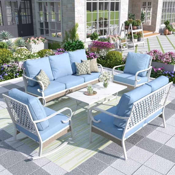 MF Studio 7-Seater Patio Conversation Set Metal Outdoor Furniture with Rocking Chair Sofa Blue