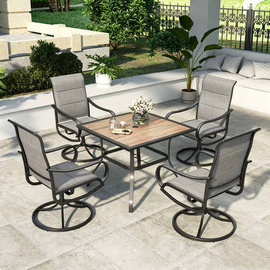 MF Studio 5-Piece Outdoor Patio Dining Set with High-Back Padded Swivel Chairs & Square Table for 4-Person, Grayish Brown