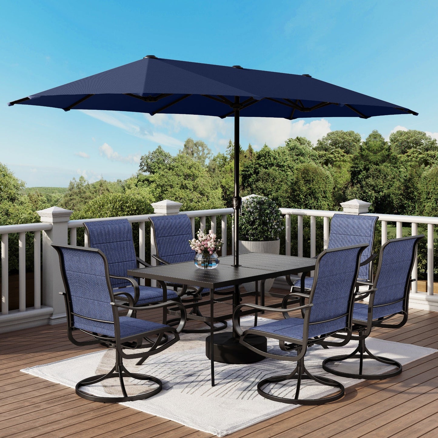 8-Piece Outdoor Patio Dining Set with Double-Sided Umbrella, High-Back Padded Swivel Chairs, Blue