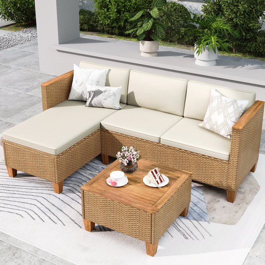 MF Studio 3-Piece Patio Furniture Set, All-Weather Rattan Outdoor Sectional Sofa Set with Table & Cushions, Beige