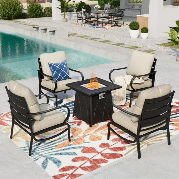 Summit Living 5 PCS Outdoor Furniture with 28 Fire Pit Table Patio Conversation Set for 4 People, Beige Cushion
