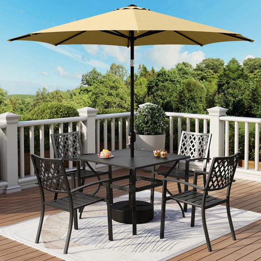 MF Studio 6-Piece Outdoor Patio Dining Set with 9 ft Umbrella, Stacking Chairs & Square Table, All-Weather Metal Steel Furniture, Black & Beige