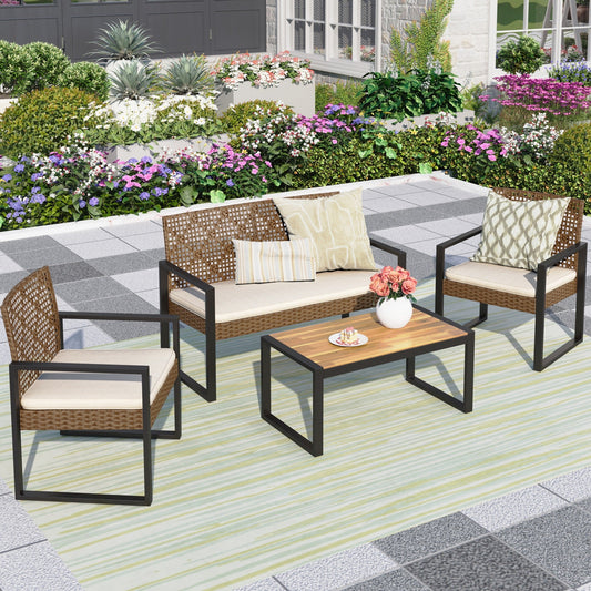 Summit Living 4-Piece Patio Conversation Set, All Weather Wicker Furniture, Rattan Sofa Set, Brown & Beige