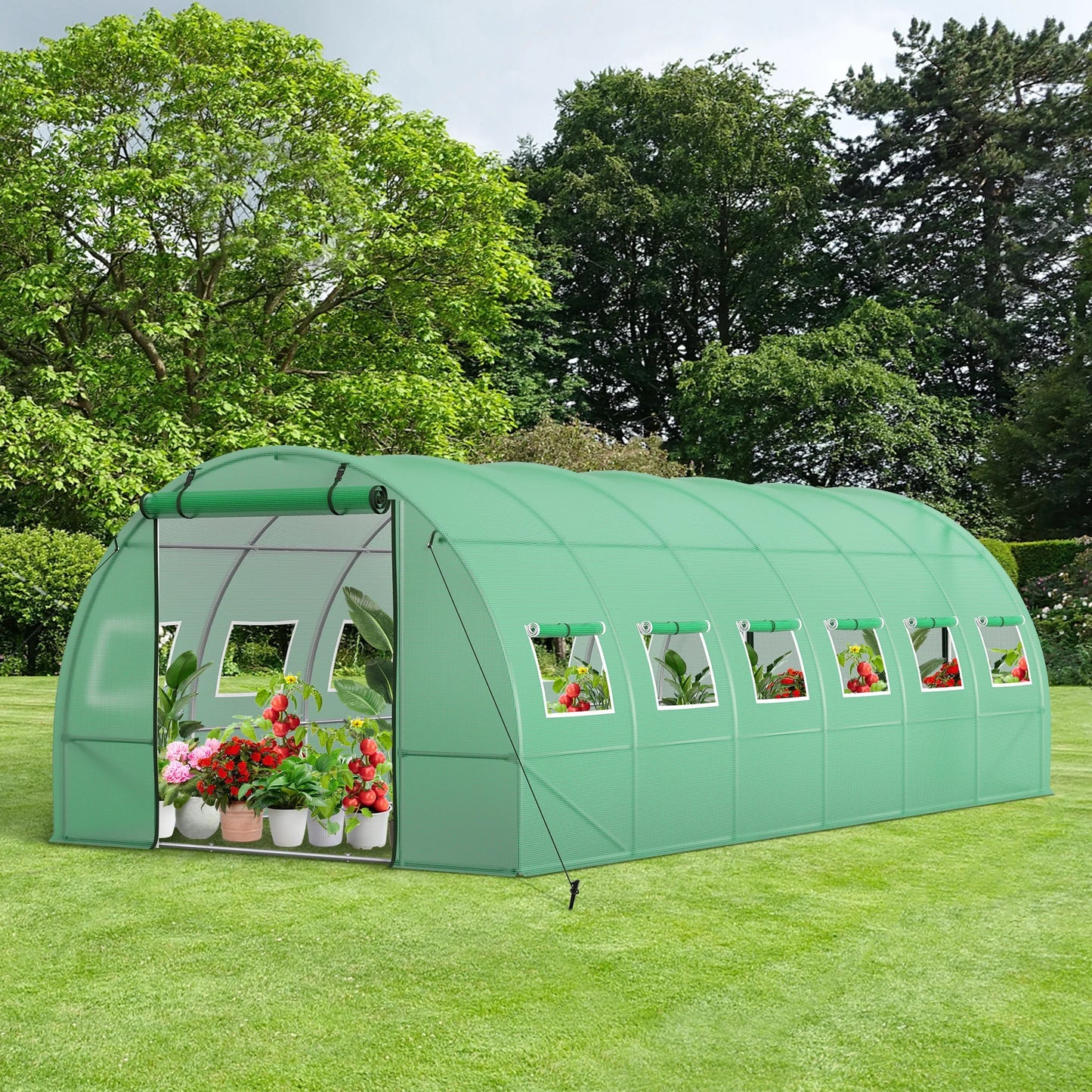 Summit Living Portable Tunnel Greenhouse Shed, 20×10×6.6 ft Gardening Plant Hot House Canopy, Galvanized Steel Frame with 2 Zippered Doors & 12 Screen Windows, Green
