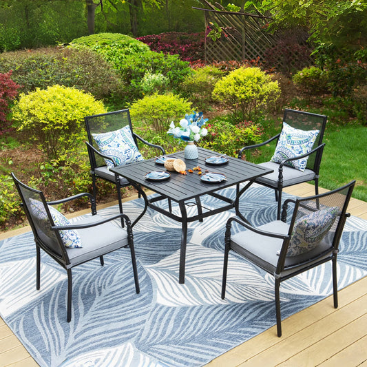 SUMMIT LIVING 5-Piece Patio Dining Set, Steel Chair with Cushion & Square Table for 4-Person, Black & Gray