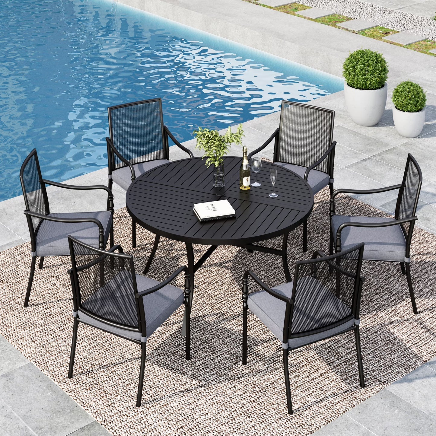 Summit Living 7-Piece Outdoor Patio Dining Set, 350 LBS Capacity Mesh Back Chairs with Cushions & Large Round Table, Black &Gray