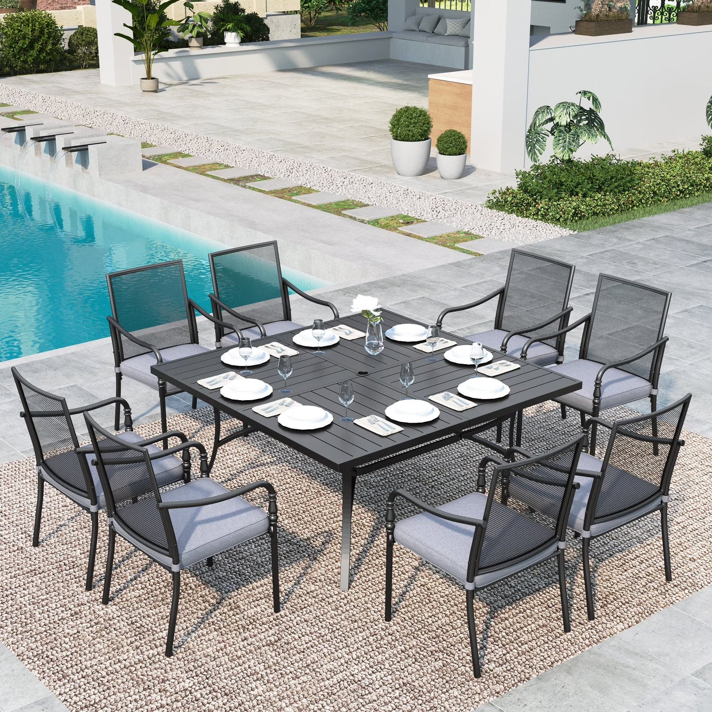 SUMMIT LIVING 9-Piece Outdoor Dining Set, 8 PCS Steel Chairs with Cushions & 1 Large Square Table with Umbrella Hole, Black & Gray
