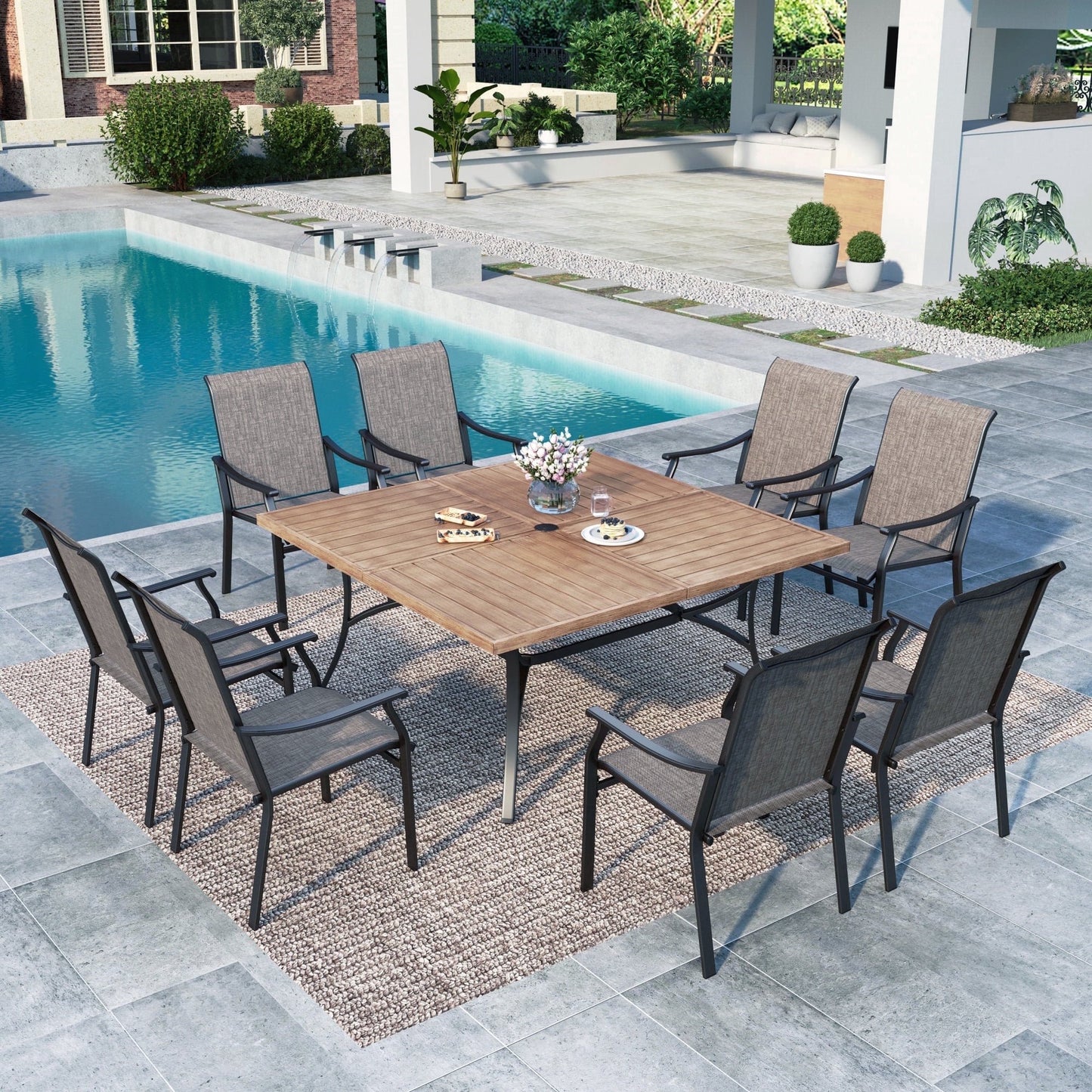 SUMMIT LIVING 9-Piece Outdoor Patio Dining Set with Large Wood-Grain Square Table & 350 LBS Capacity Textilene Chairs for 8-Person, Black & Gray Brown