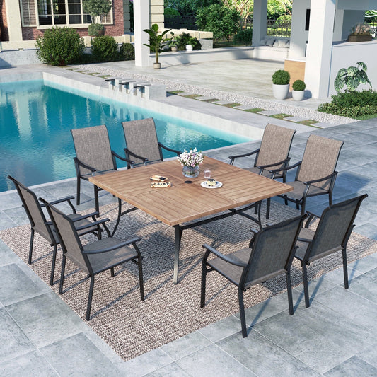 SUMMIT LIVING 9-Piece Outdoor Patio Dining Set with Large Wood-Grain Square Table & 350 LBS Capacity Textilene Chairs for 8-Person, Black & Gray Brown