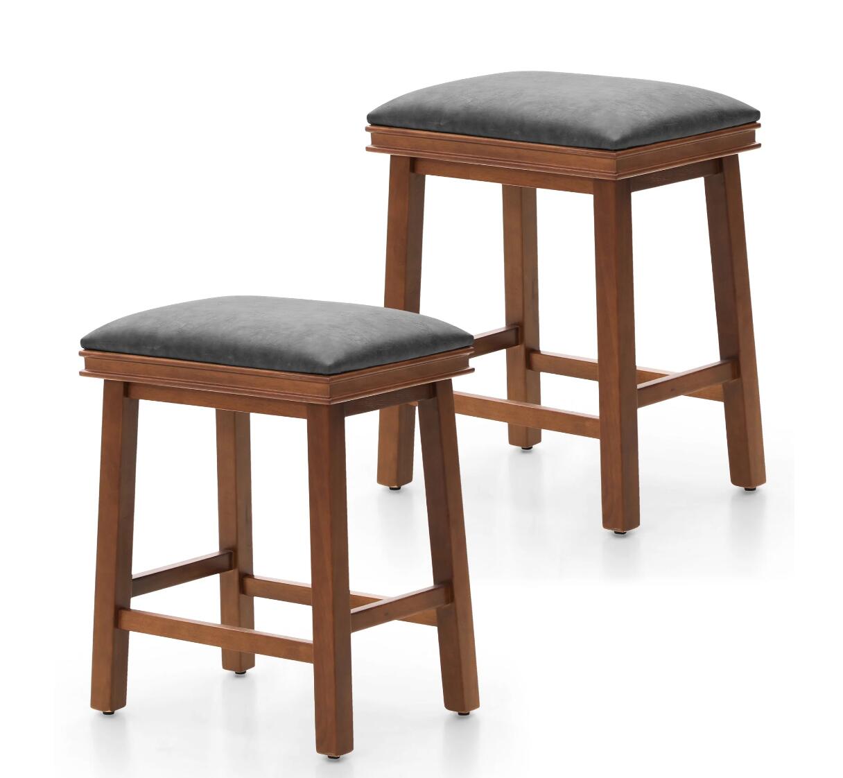 Summit Living 24 inch Wooden Counter Stools Set of 2 for Kitchen, Faux Leather Backless Bar Stool, Gray