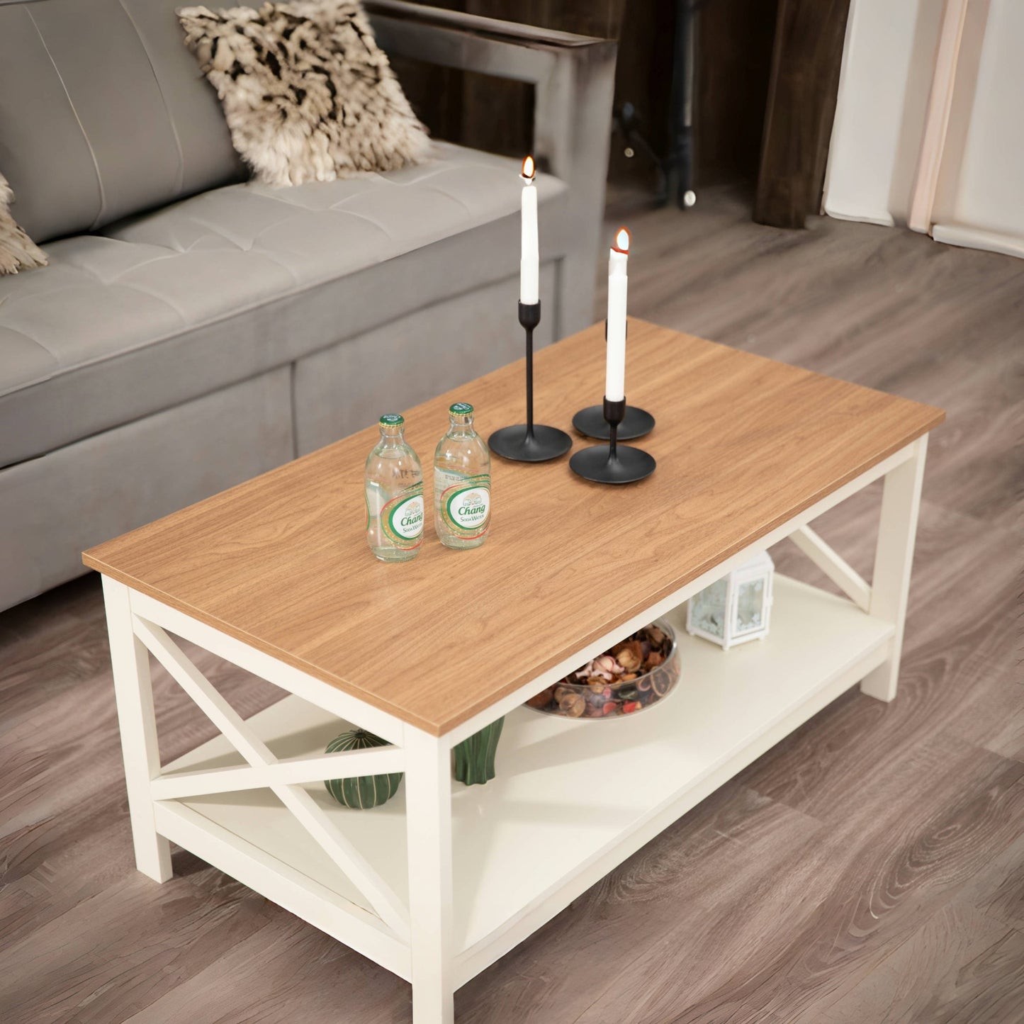 Summit Living Farmhouse Wood Rectangle Coffee Table with Storage Shelf, Ivory White