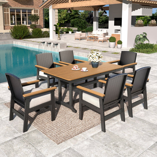 MF Studio 7-Piece HDPE Outdoor Patio Dining Set, Weatherproof Patio Furniture Set with 6 Chairs & 1 Table, Black and Teak Wood Grain