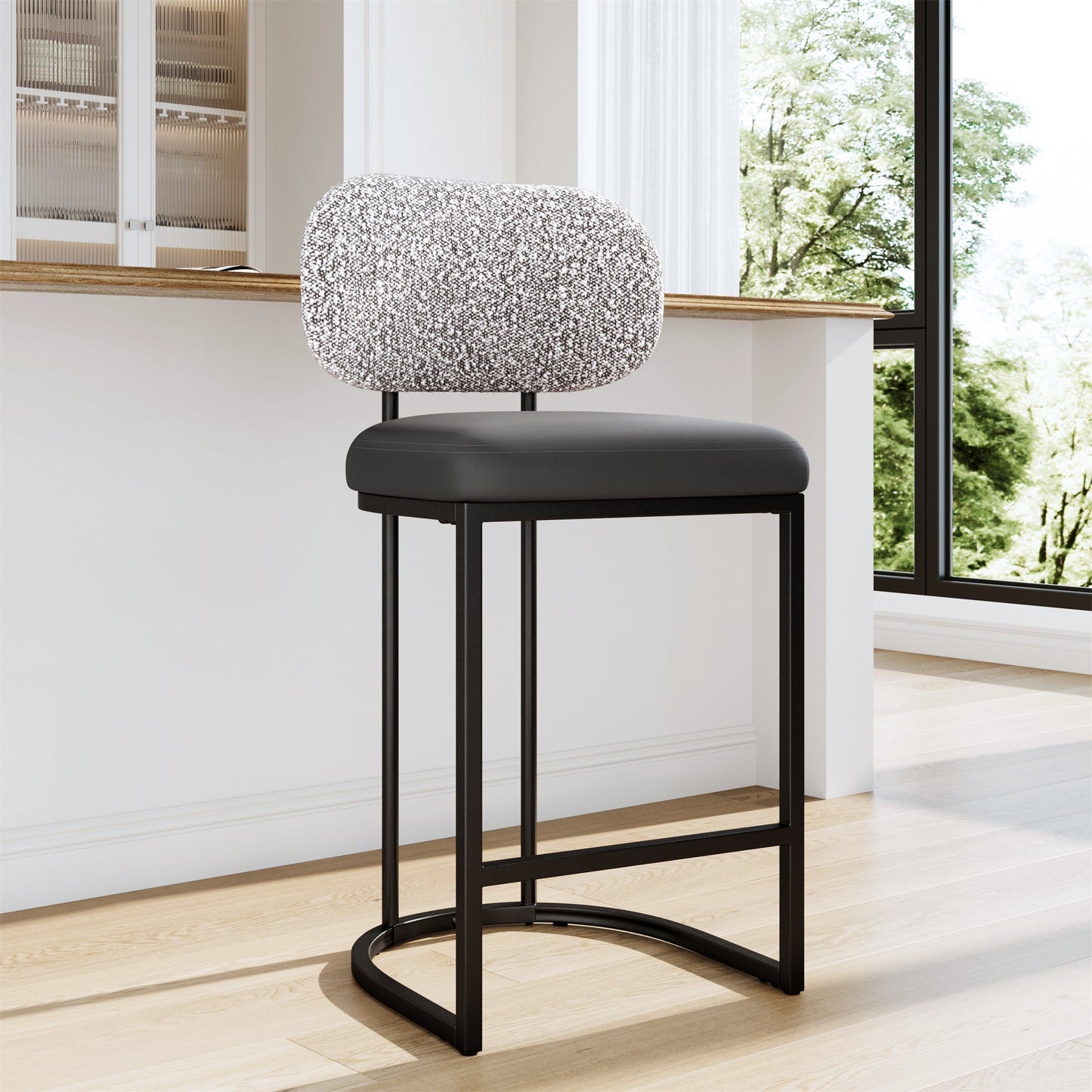 MF Studio Counter Height Bar Stool with Back, 24.8" Modern PU Upholstered Bar Chair with Large Chenille Back and Metal Frame, Gray