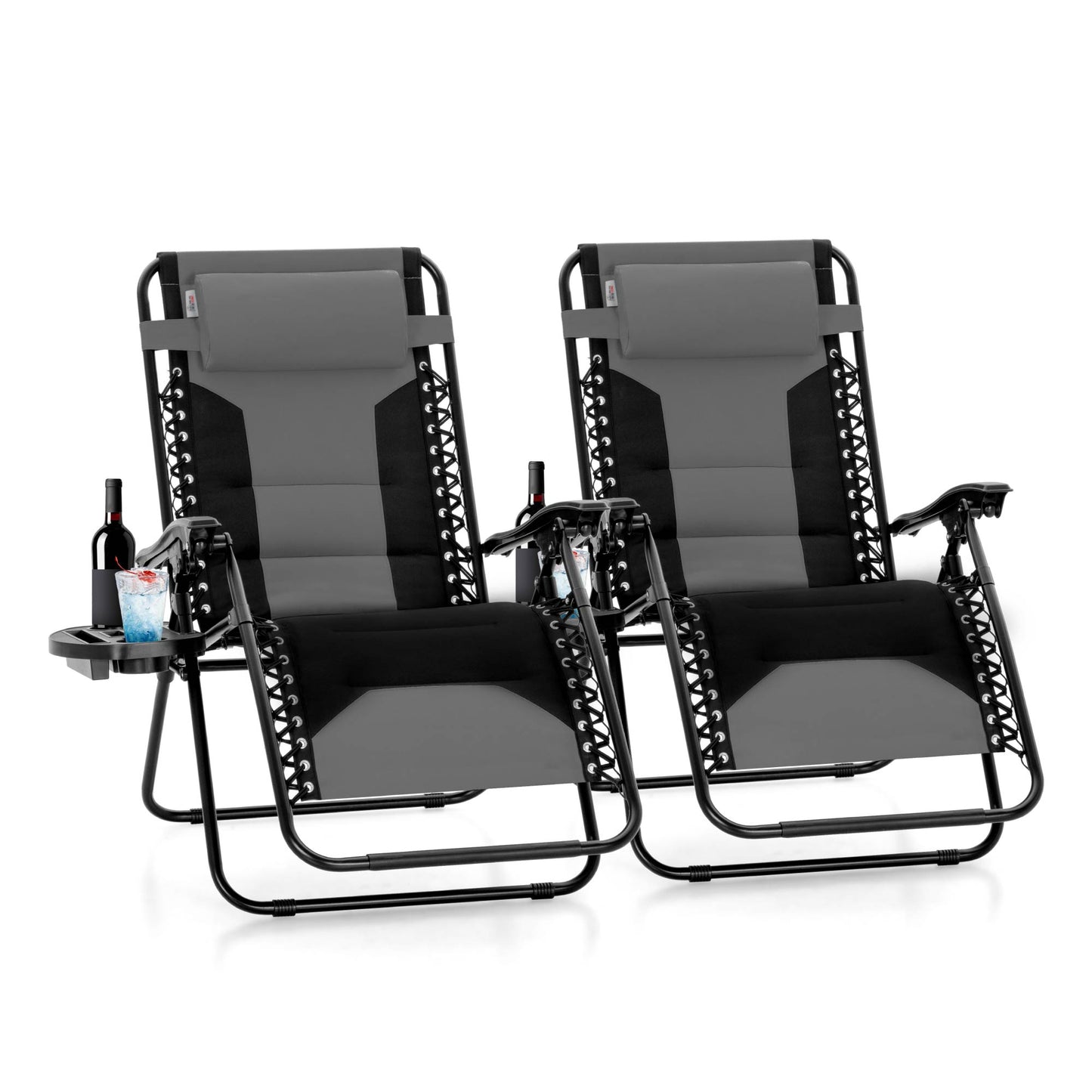 SUMMIT LIVING 2-Piece Padded Zero Gravity Chair Outdoor Patio Recliner with Adjustable Headrest and Cup Holder, Gray