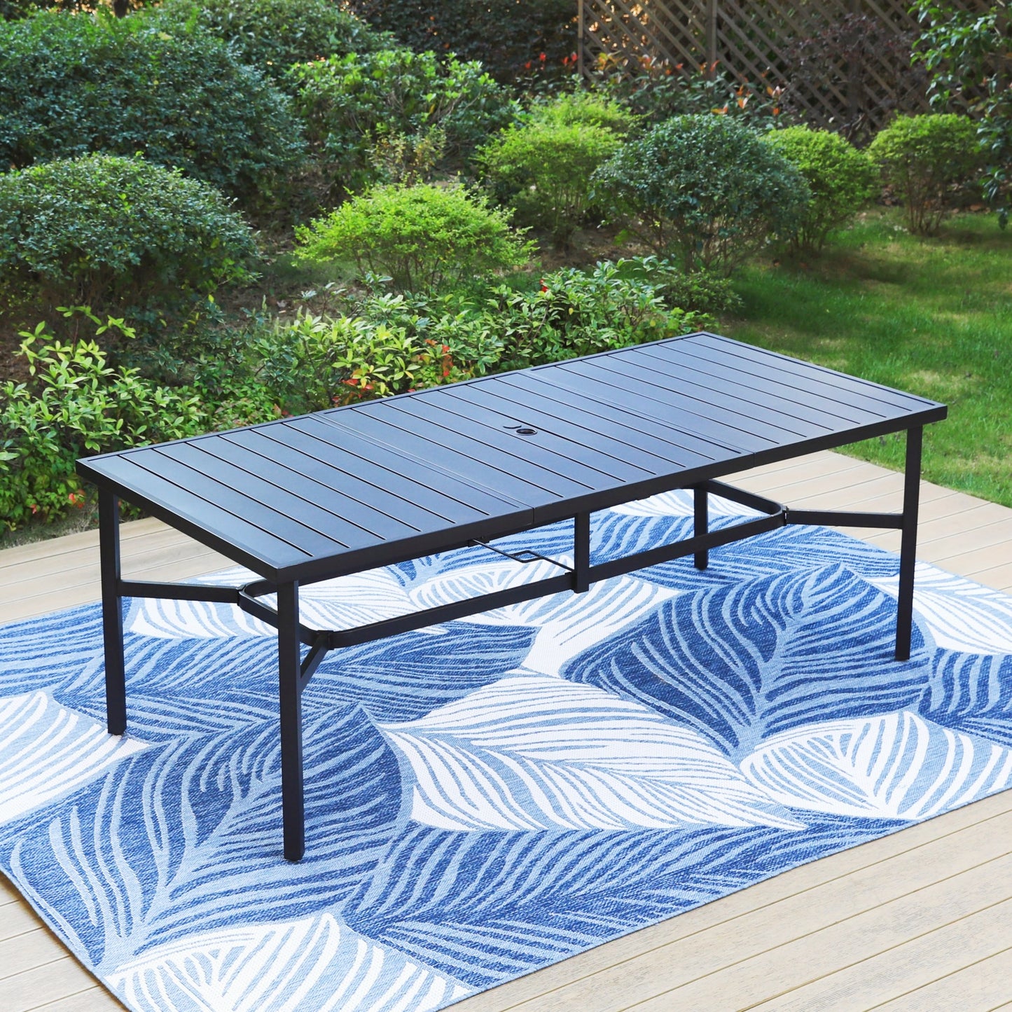 MF Studio 83" Outdoor Patio Dining Table for 8 Person with Umbrella Hole, Large Steel Dining Table, Black