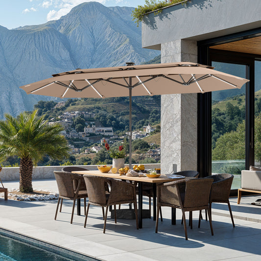 SUMMIT LIVING 13FT Patio Umbrella with Solar Lights & Base, 8 Colors 14 Modes, Double-Vented Outdoor Market Rectangle Umbrella for Garden - Beige