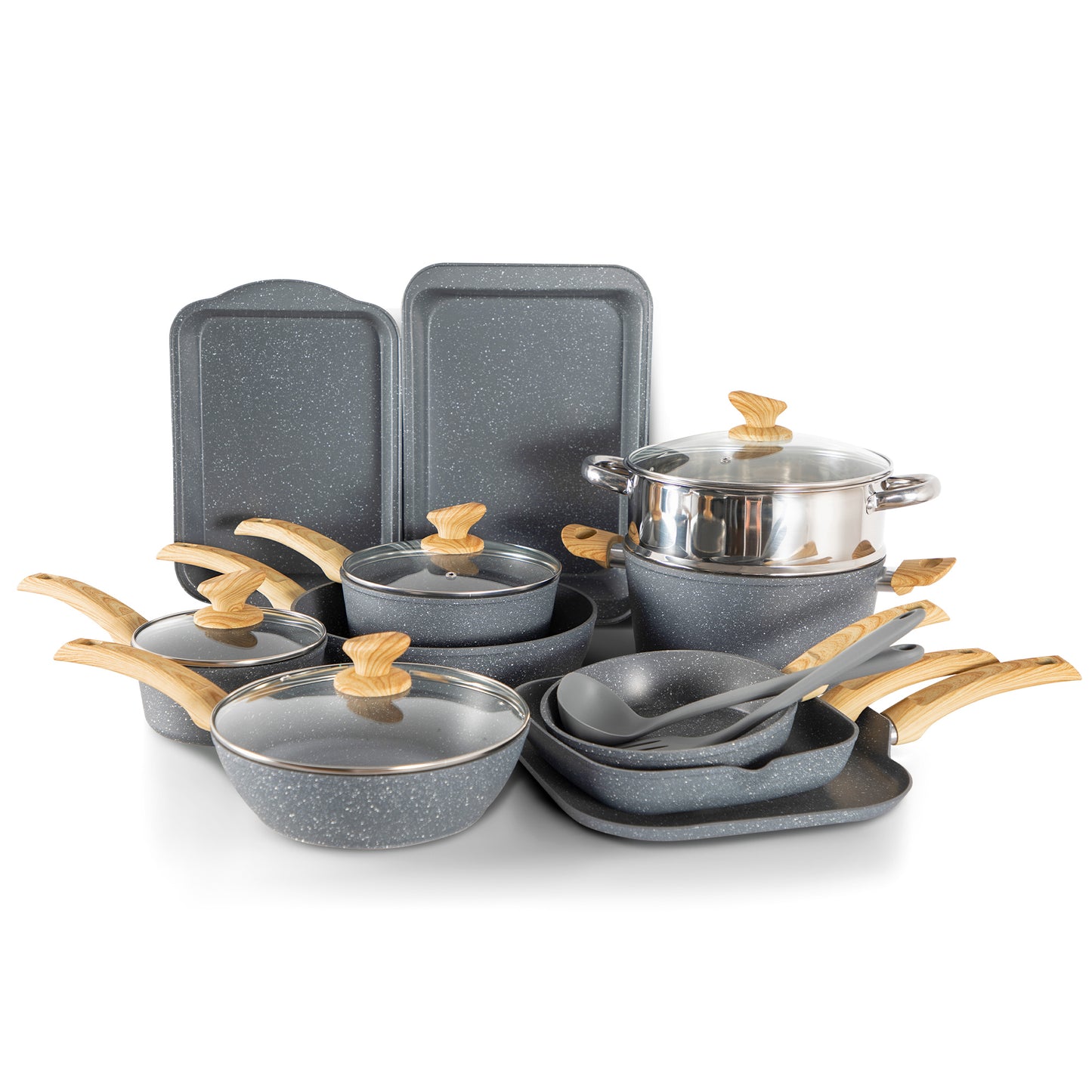 MF Studio 17 Pieces Cookware & Bakeware Set Granite Nonstick Pots and Pans Set, Blue Gray
