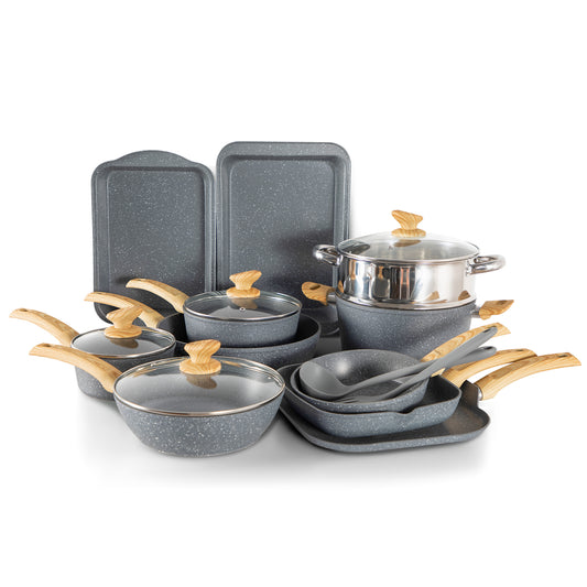 MF Studio 17 Pieces Cookware & Bakeware Set Granite Nonstick Pots and Pans Set, Blue Gray