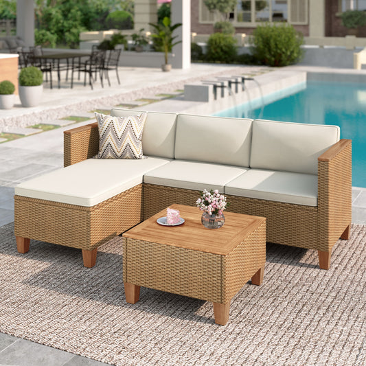 MF Studio 3-Piece Patio Furniture Conversation Set, All-Weather Wicker Outdoor Sectional Sofa Set with Table & Cushions, Beige