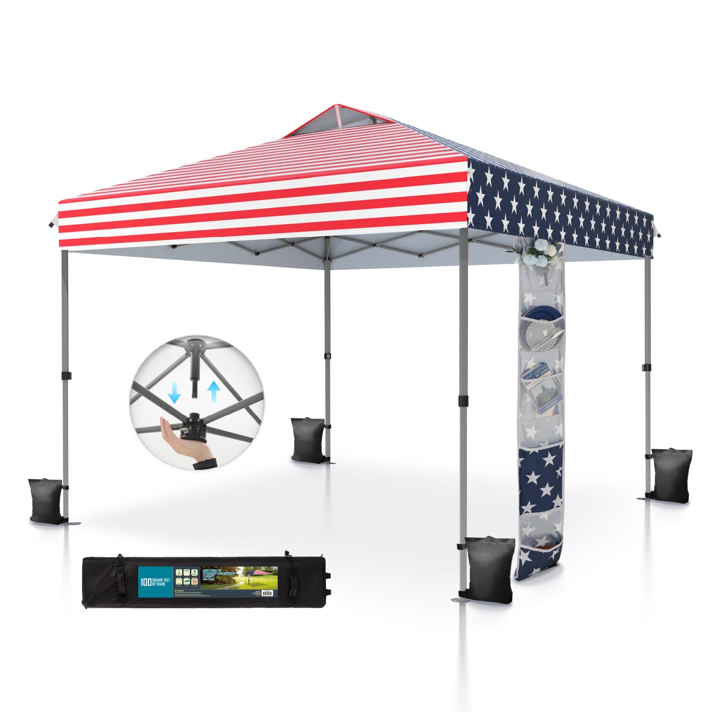 SUMMIT LIVING 10 by 10 Ft Pop up Canopy Tent Straight Legs Instant Canopy for Outside with Wheeled Bag American Flag