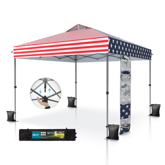 SUMMIT LIVING 10 by 10 Ft Pop up Canopy Tent Straight Legs Instant Canopy for Outside with Wheeled Bag American Flag