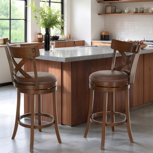MF Studio Wood Swivel Bar Stool Set of 2, Bar Height Kitchen Stool with Open X Back, 30 inch Upholstered Pub Chair, Brown