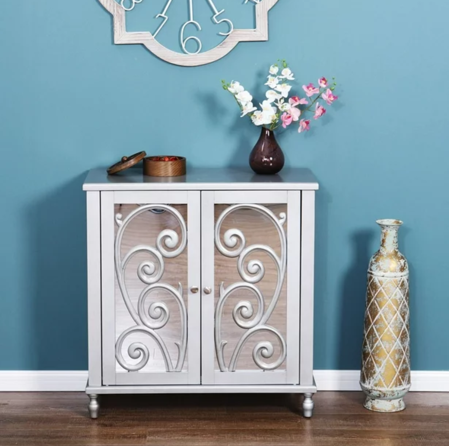 MF Studio Accent Cabinet with 2 Mirrored Doors, Sideboard Storage Wood Cabinet with Adjustable Shelf for Living Room