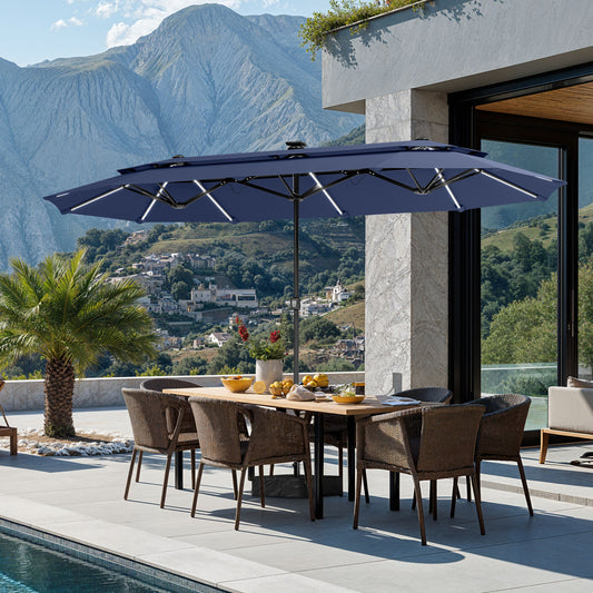 SUMMIT LIVING 13FT Patio Umbrella with Solar Lights & Base, 8 Colors 14 Modes, Double-Vented Outdoor Market Rectangle Umbrella for Garden - Navy Blue