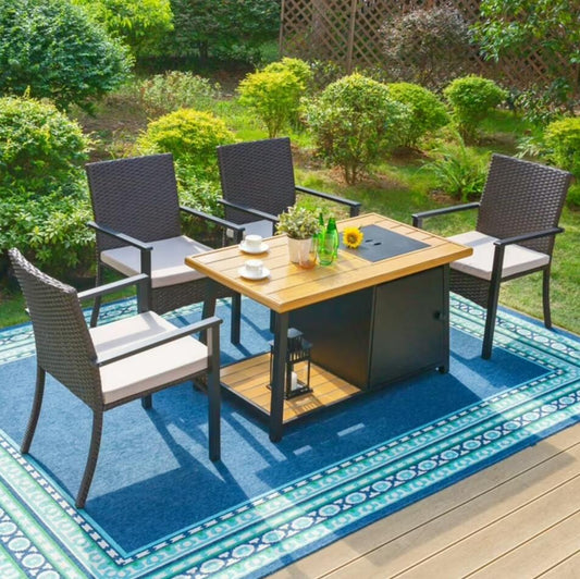 MF Studio 5-Piece Outdoor Patio Conversation Set with 1 Fire Pit Table & 4 Wicker Chairs, Dark Brown
