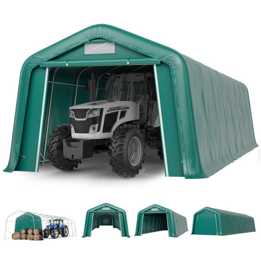 Summit Living 11 x 32 x 8.4 FT Green All-Weather Outdoor Portable Storage Shed, Steel Peak Style Canopy Carport, Agricultural Storage Shelter Tent