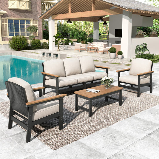 MF Studio 4-Piece HDPE Patio Furniture Set, Weatherproof Outdoor Conversation Set with Thick Cushions and Coffee Table, Black and Teak Wood-grain
