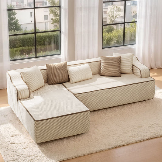 MF Studio 104" Cloud Sectional Sofa with Deep Seat, No Assembly Required Modular Sectional Couch with L-Shape Chaise, Comfy Corduroy Fabric, Beige