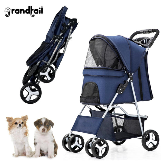 Grandtail Dog Stroller, Pet Stroller for Small Dogs Cats with Storage Basket Cup Holder, up to 33lbs (Blue)