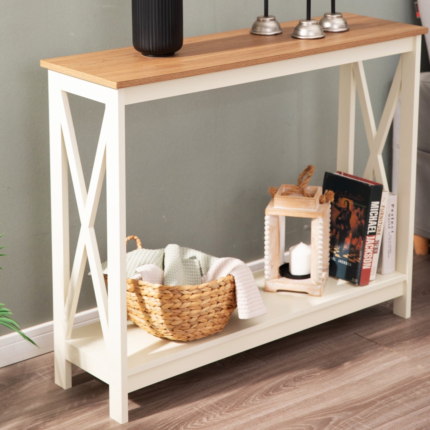 Summit Living 2-Tier Narrow Console Table with Storage Shelf, Farmhouse Entryway Table, Ivory White