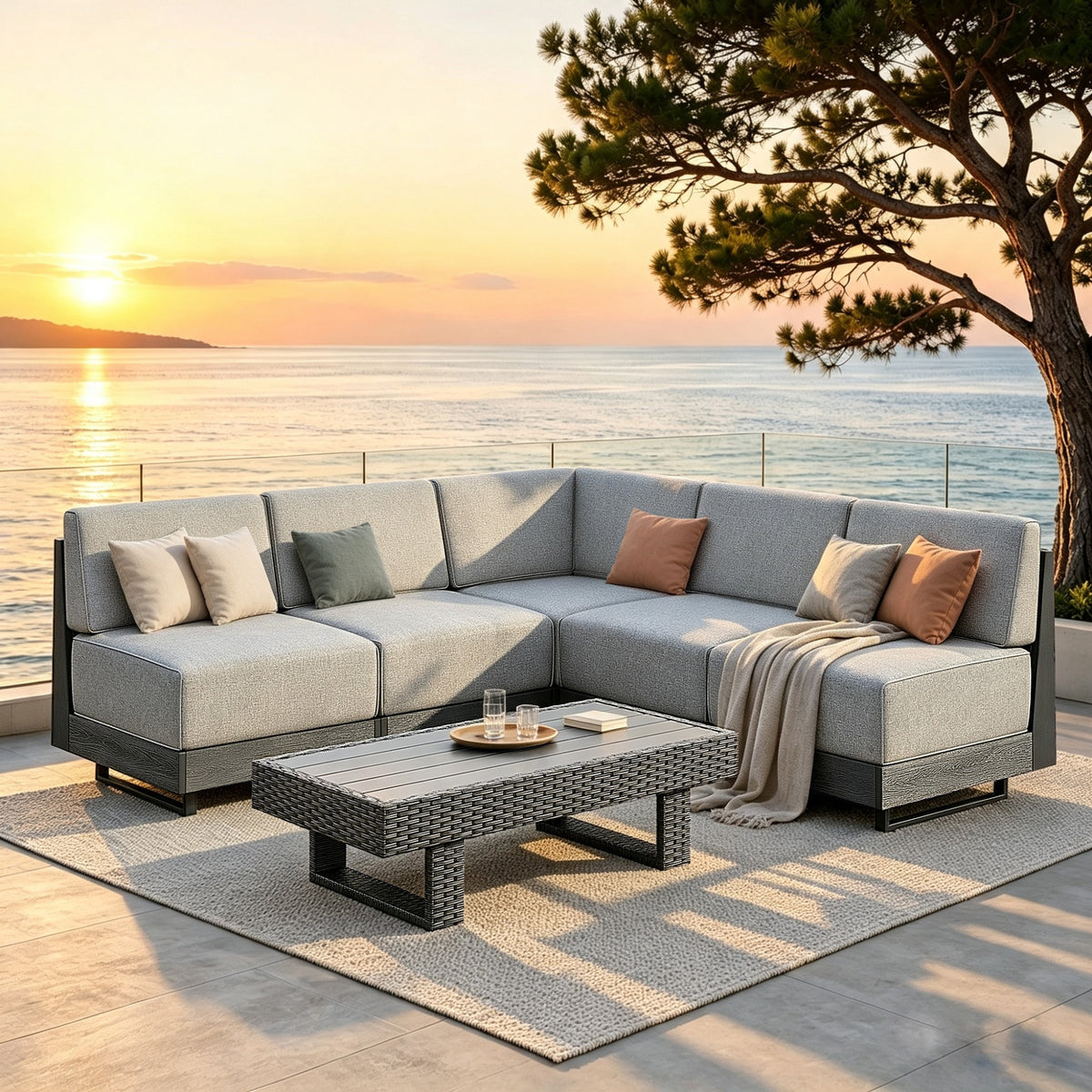 SUMMIT LIVING 6-Piece HDPE Outdoor Patio Furniture Set with Wood-Grain Coffee Table, Oversized Wicker Outdoor Patio Sectional Sofa Set with 8.7" Thick Cushions, Gray