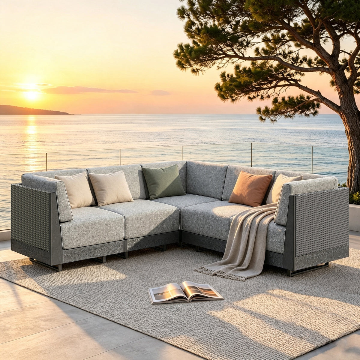 SUMMIT LIVING 5-Piece HDPE Outdoor Patio Furniture Set with Modular Sofa, Oversized Wicker Outdoor Patio Sectional Sofa Set with 8.7" Thick Cushions, Gray