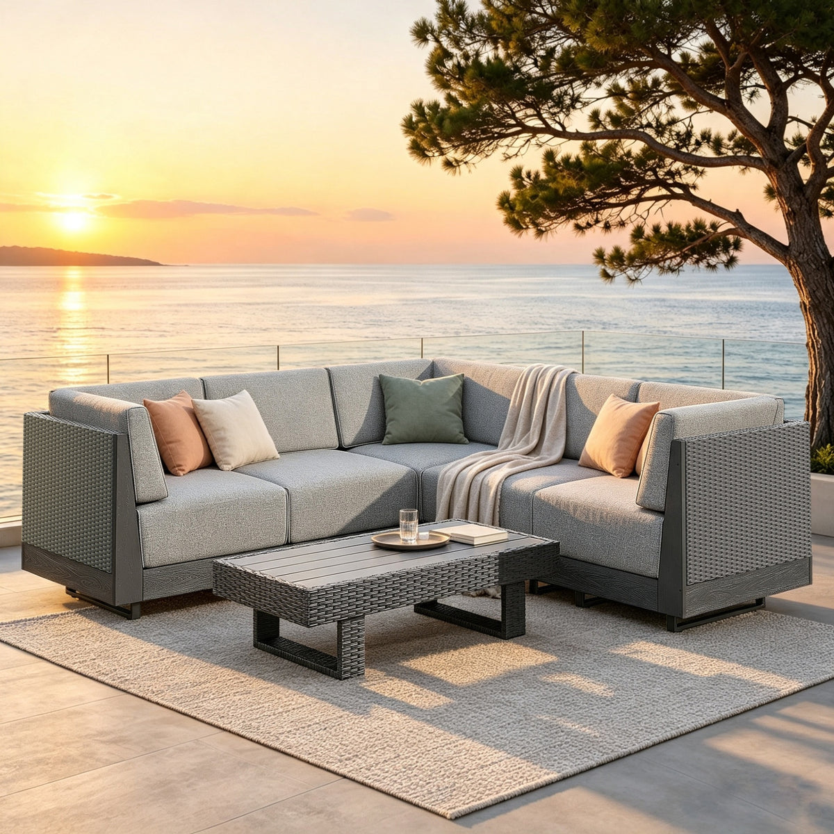 SUMMIT LIVING 6-Piece HDPE Outdoor Patio Furniture Set with Wood-Grain Coffee Table, Oversized Wicker Outdoor Patio Sectional Sofa Set with 8.7" Thick Cushions, Gray
