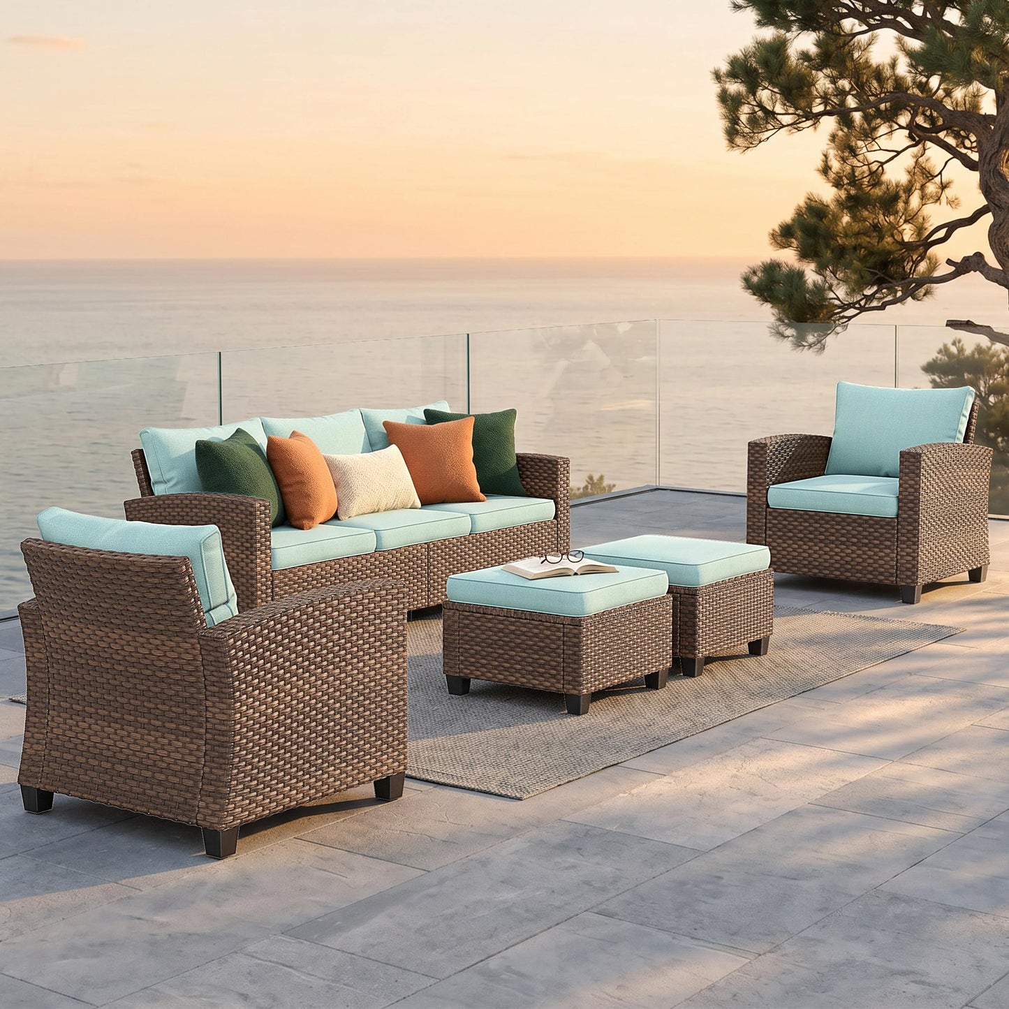 MF Studio 7-Seat Outdoor Patio Conversation Set Wicker Furniture Sofa Set Blue