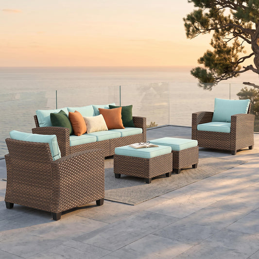 MF Studio 7-Seat Outdoor Patio Conversation Set Wicker Furniture Sofa Set Blue
