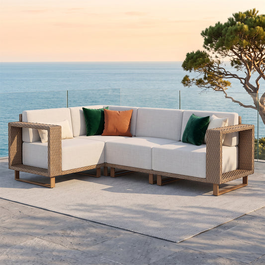 SUMMIT LIVING Wicker Outdoor Sectional Sofa, L-Shaped 4-Piece Patio Furniture Set with Ultra Thick 9.8" Seat Cushions for Yard & Garden, Beige