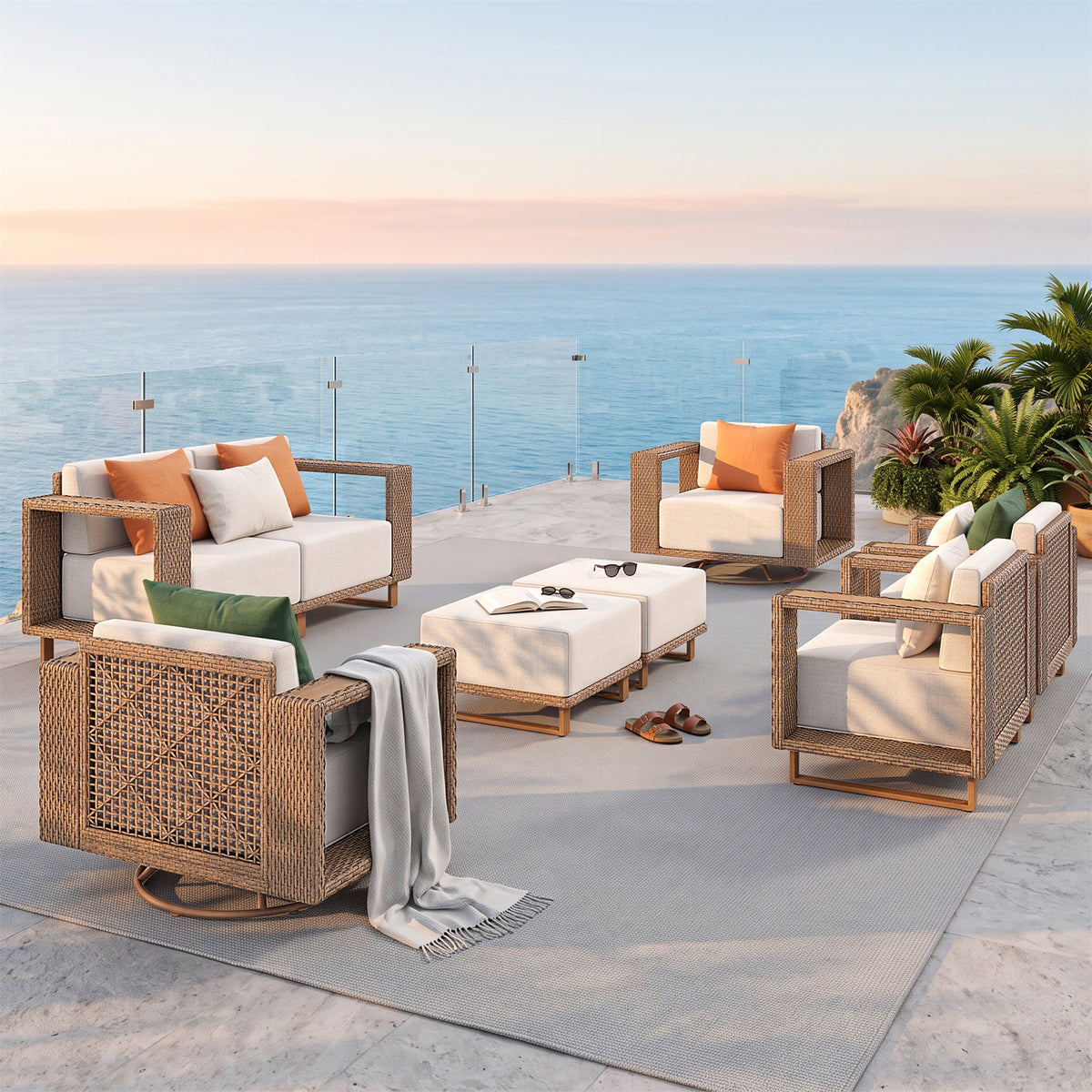 SUMMIT LIVING Wicker Outdoor Conversation Set with Swivel Chairs & Fixed Chairs, 8-Piece Patio Furniture Set with Ultra Thick 9.8" Seat Cushions for Yard & Garden, Beige