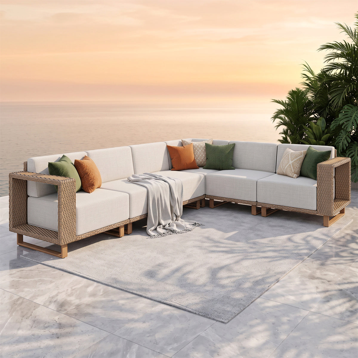 SUMMIT LIVING L-Shaped All-Weather Outdoor Sectional Sofa, 6-Piece Wicker Patio Furniture Set with Ultra Thick 9.8" Seat Cushions for Yard & Garden, Beige