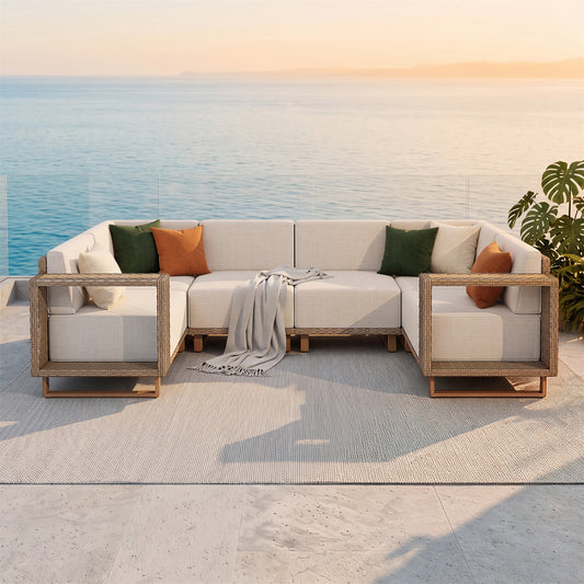 SUMMIT LIVING U-Shaped All-Weather Outdoor Sectional Sofa, 6-Piece Wicker Patio Furniture Set with Ultra Thick 9.8" Seat Cushions for Yard & Garden, Beige