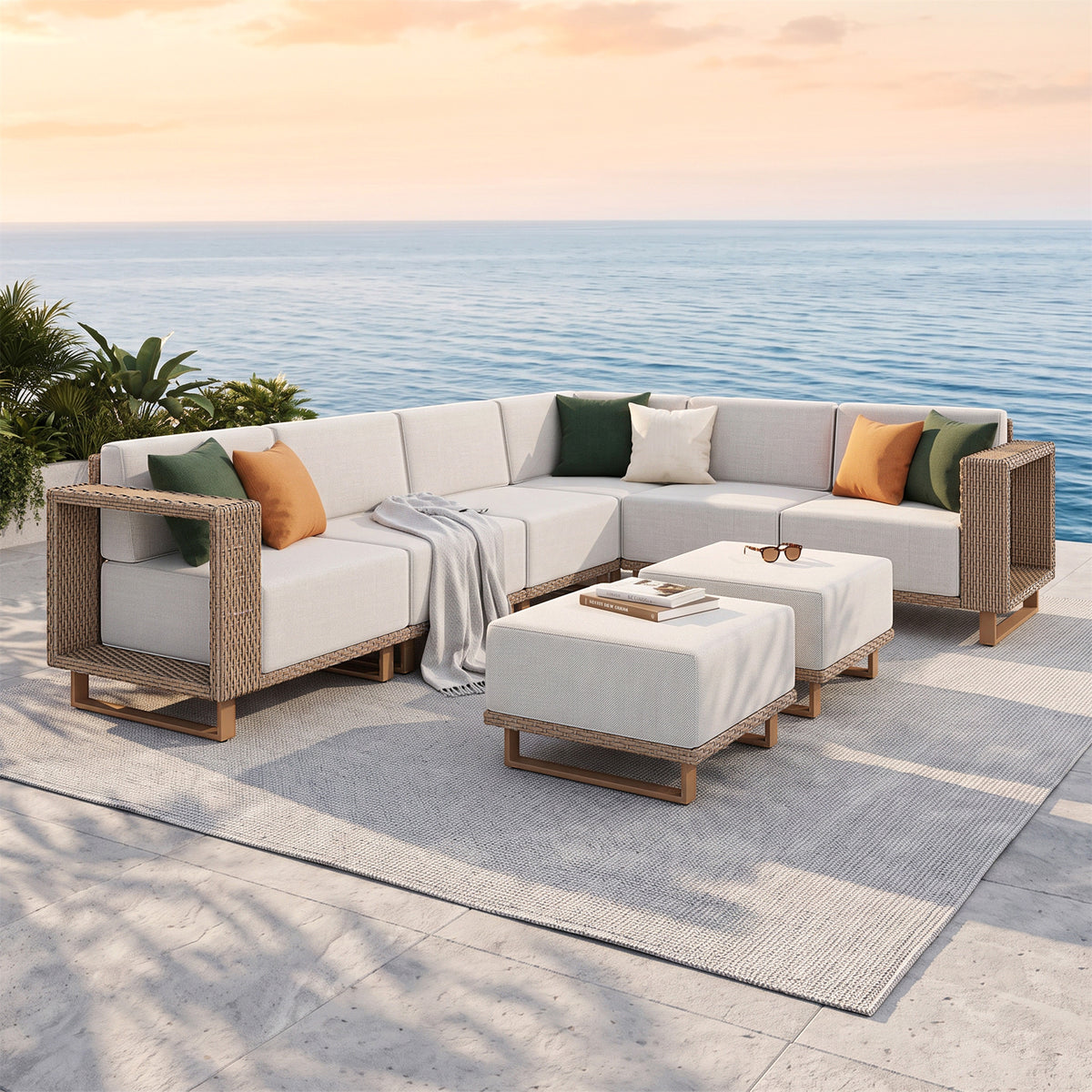 SUMMIT LIVING L-Shaped Wicker Outdoor Sectional Sofa with 2 Ottomans, 8-Piece Patio Furniture Set with Ultra Thick 9.8" Seat Cushions for Yard & Garden, Beige