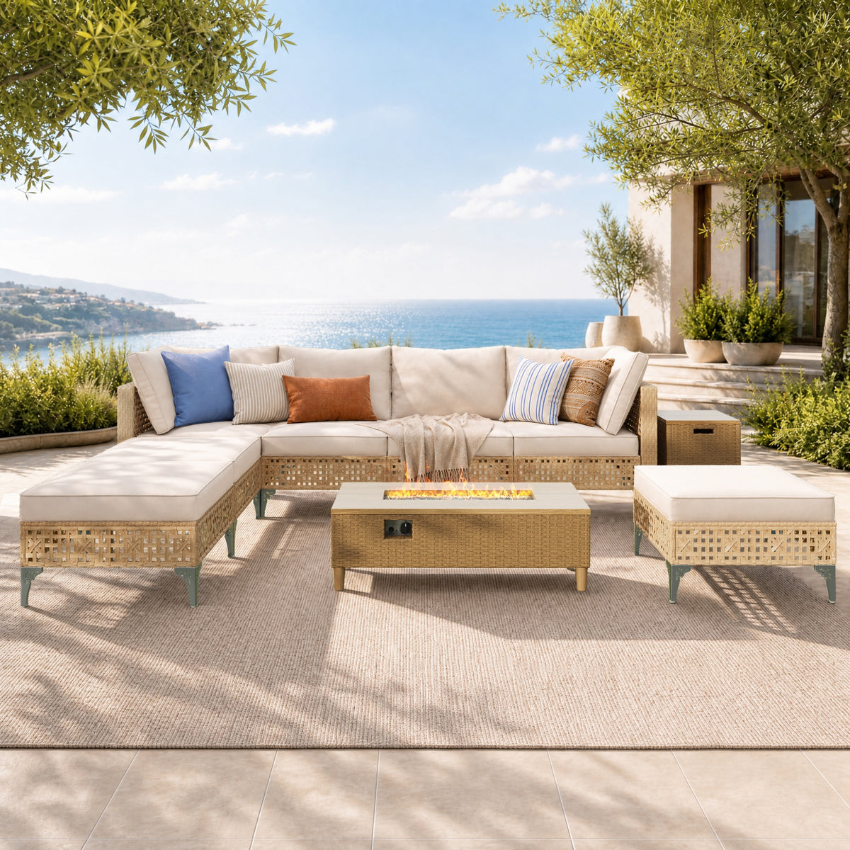 SUMMIT LIVING 9-Piece Wicker Outdoor Patio Furniture Set with 2-in-1 42" Fire Pit Table with Hidden Tank Table, Outdoor Patio Sectional Set with Oversized Seats for Deck, Porch and Backyard