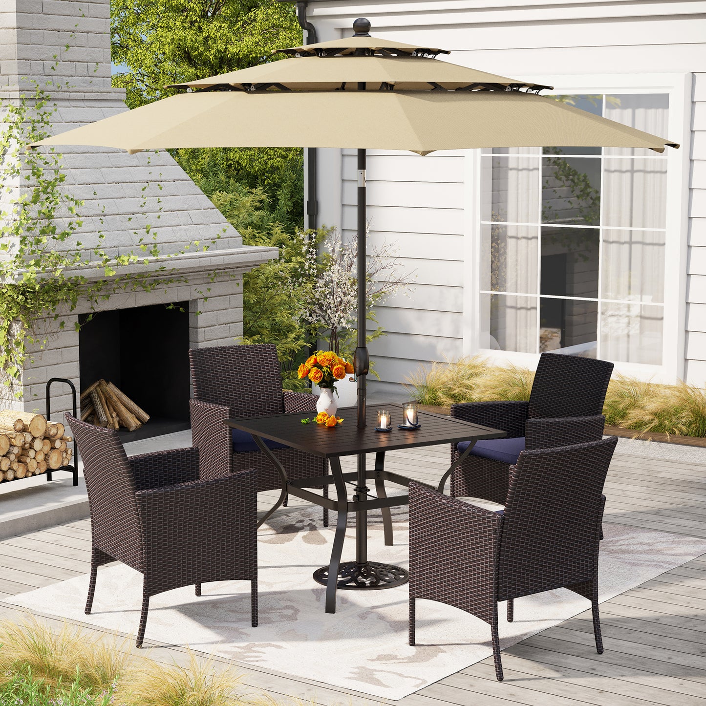 MF Studio 6-Piece Rattan Outdoor Patio Dining Set with 10FT Beige Umbrella, Wicker Outdoor Chairs with Cushion and Square Patio Table with Umbrella Hole for 4 People