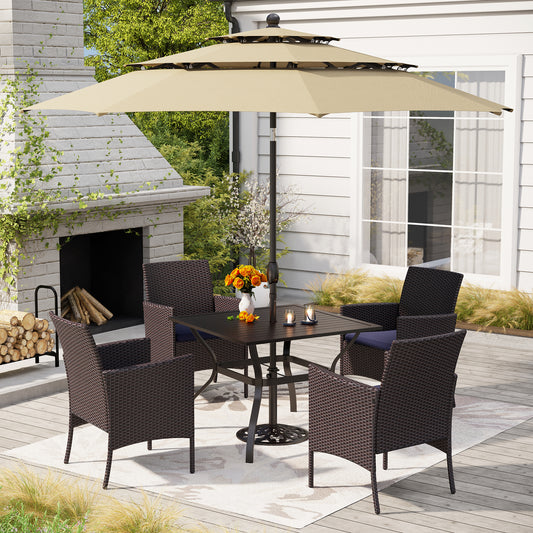 MF Studio 6-Piece Rattan Outdoor Patio Dining Set with 10FT Beige Umbrella, Wicker Outdoor Chairs with Cushion and Square Patio Table with Umbrella Hole for 4 People