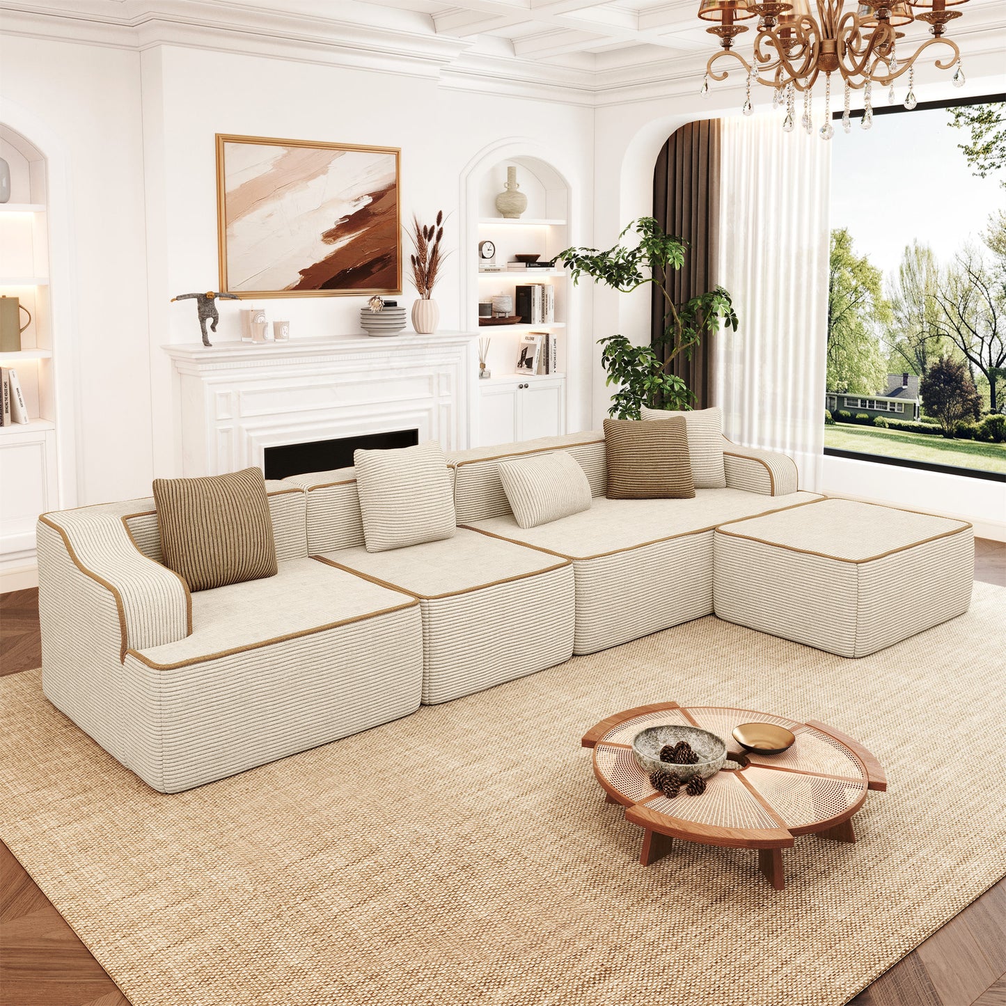 MF Studio 134" L-Shaped Cloud Couch Modular Sectional Sofa with with Ottoman for Living Room, No Assembly Required, Beige