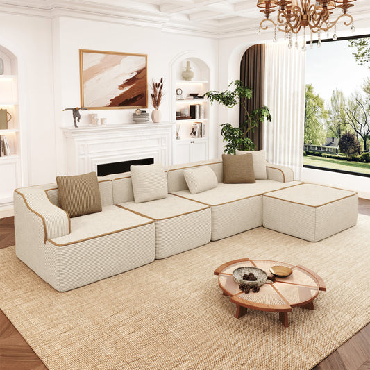 MF Studio 134" L-Shaped Cloud Couch Modular Sectional Sofa with with Ottoman for Living Room, No Assembly Required, Beige