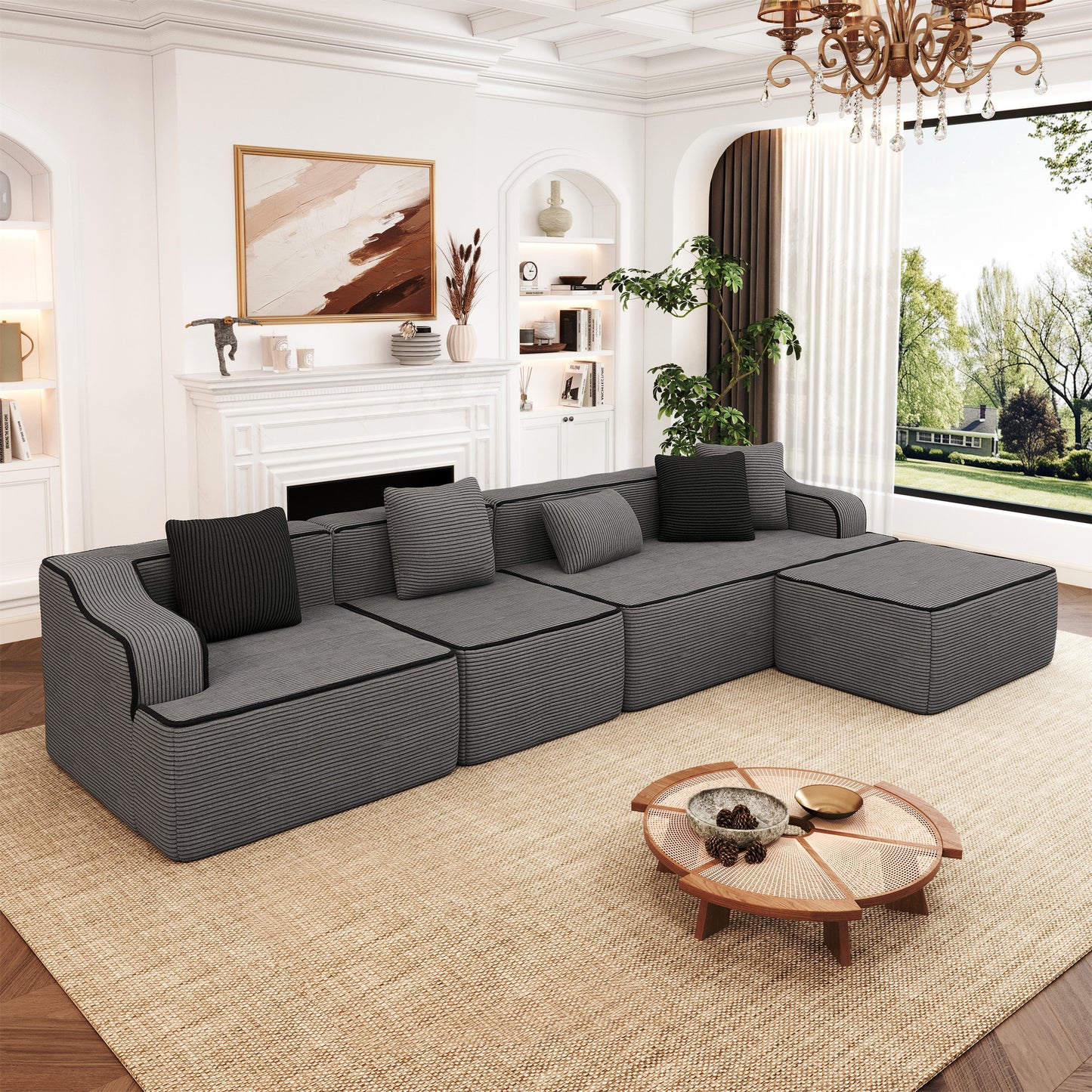 MF Studio 134" L-Shaped Cloud Couch Modular Sectional Sofa with with Ottoman for Living Room, No Assembly Required, Dark Gray